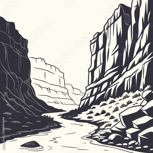 Black and white of canyon with narrow river path landscape