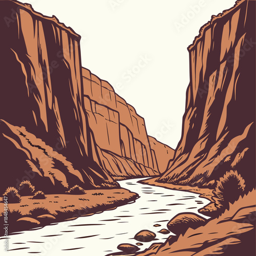 Canyon with river path between tall cliffs flat landscape