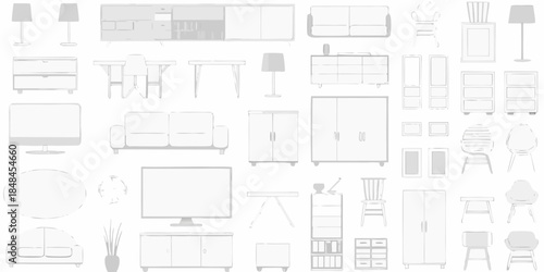 Minimalist furniture collection sofas cabinets tables lamps and tv stand outlines