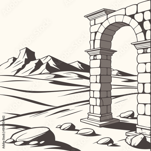 Desert landscape with stone archway and mountains arches
