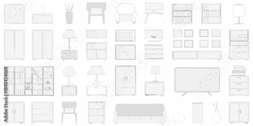 Collection of outline furniture cabinets tables chairs and television sets