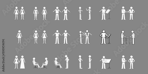 Diverse group of stick figures engaging in various activities and poses