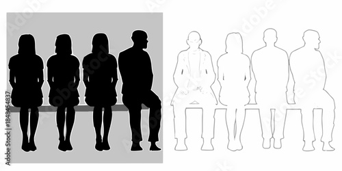 Silhouettes of people sitting and standing contrasted with line art figures