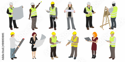 Diverse construction team members reviewing plans and working on site