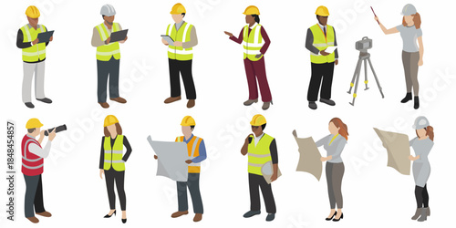 A diverse group of construction workers and engineers in protective gear