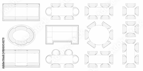 Various furniture arrangements displayed as top down layouts for interior design