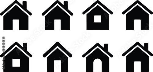 Minimalist Black Silhouette Vector Icon Set of Eight Simple House Designs, Featuring Various Window and Door Styles for Real Estate and Architecture Graphics.