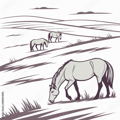 Gray horses grazing on rolling hills in a monochrome