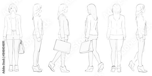 Line art showcasing various poses of a young woman in professional attire