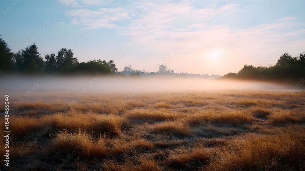 Fototapeta premium A serene meadow bathed in the soft light of dawn with mist rolling across the golden grass