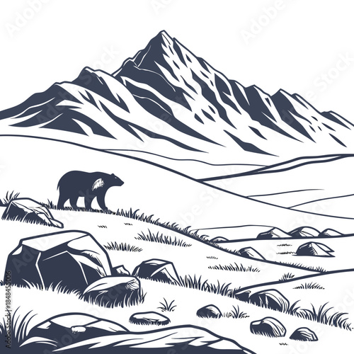 Arctic tundra landscape with mountain ridge and polar bear