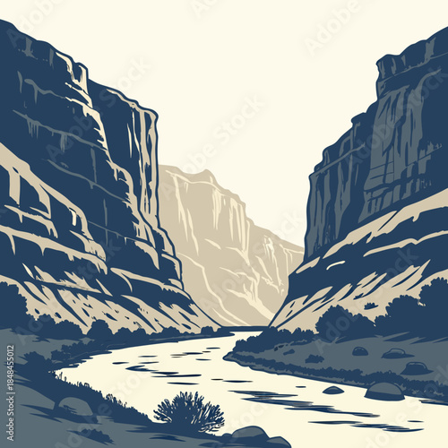 Canyon cliffs with narrow stream minimalist river landscape
