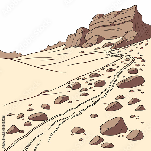 Desert ridge with scattered rocks and sandy slope