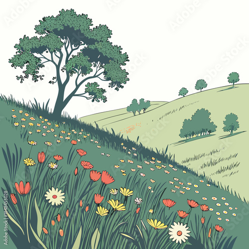 Green meadow with wildflowers and trees on hillside