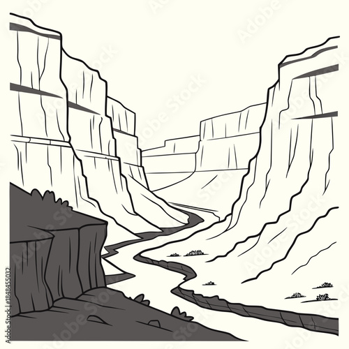 Minimalist canyon cliffs with narrow stream river rock formations