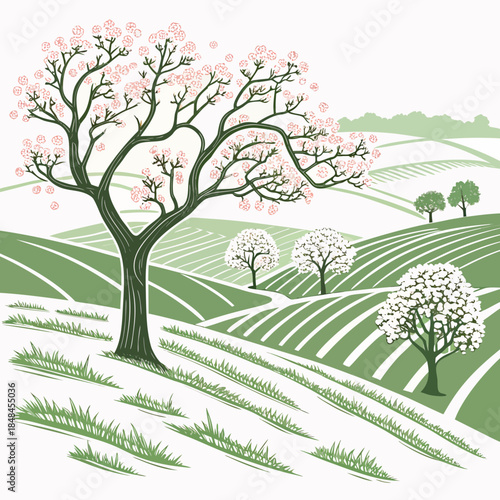 Rolling green farmland with blooming orchard trees