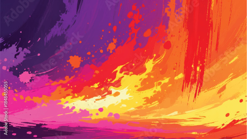 Vibrant abstract painting with bold brushstrokes of red, orange, and purple hues