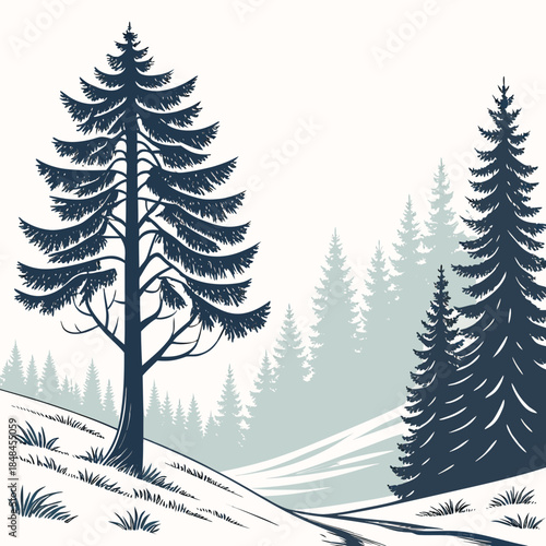 Snowy pine forest with misty background and two prominent trees
