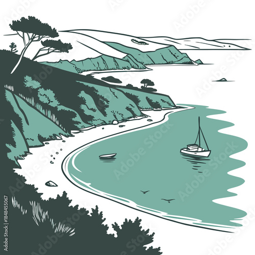 Turquoise coastal bay with sailboat and small boat minimalist