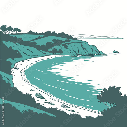 Turquoise coastal bay with sandy beach and cliffside trees