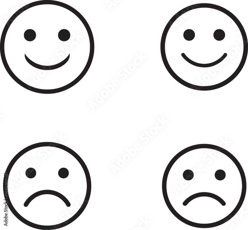 Smiley and frowning face emoticons in black and white