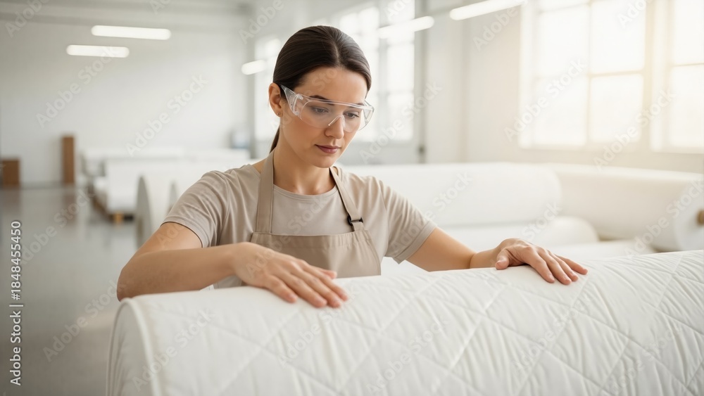 Naklejka premium Female worker inspecting roll of quilted fabric in textile factory. Woman in safety glasses performing quality control in manufacturing plant