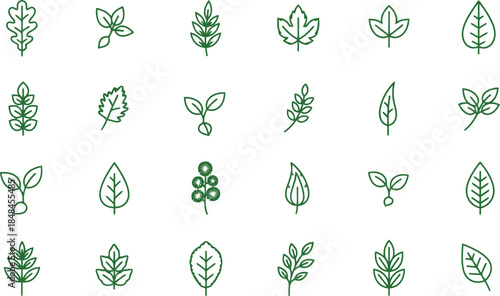 Collection of various green leaf line art icons representing nature and growth.