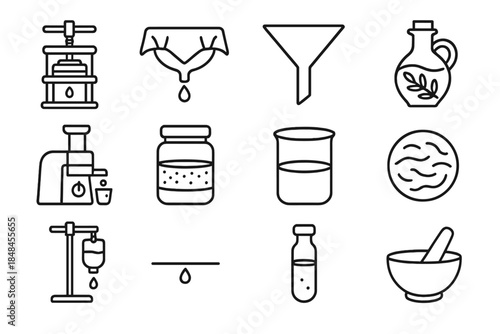 Extraction Icon Set. Extraction & Separation linear set: cold-press icon, straining cloth, filter funnel, infused oil bottle, juice extractor, sediment layer jar, clarified liquid,