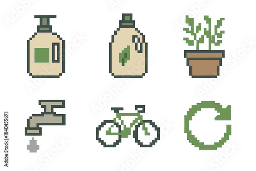 Eco-Friendly Icons. Everyday Green Choices set of icons in flat pixel vector style: refill container, eco detergent bottle, fresh herb pot, water-saving tap, bike silhouette,