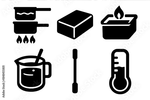 Candle-Making Icons. Candle-Making Set silhouette set: double boiler, wax block, melting tray, heat-resistant container, stirring rod, melt-level meter.