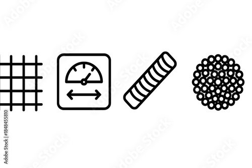 Micro-Cut Lattice Icons. Precision Material Engineering linear set: micro-cut lattice, tolerance gauge tile, fine-structure bead.