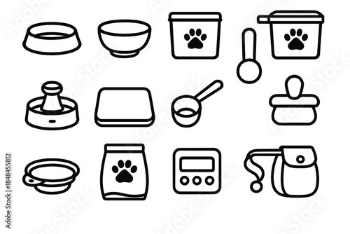 Pet Feeding Essentials Icons. Daily Pet Feeding Gear linear set: stainless bowl, ceramic dish, treat tin, food storage bin, water fountain, silicone mat, dosing scoop, snack clip,