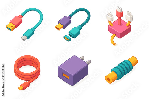 Colorful Power Connectors. Device Power Connectors flat isometric set: universal charger cord, magnetic tip cable, multi-connector hub, cable coil, power adapter block, strain