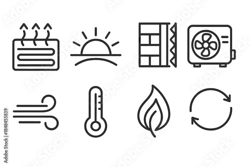 Eco Heat Icons. Eco Heat Flow linear set: radiant panel, warm sun arc, insulated wall block, heat pump icon, airflow curve, thermal gauge, eco flame shape, energy loop.