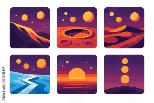 Extraterrestrial Moon Icons. Extraterrestrial Multi-Moon Vistas flat set: illuminated ridge, crater bowl, dust dune, icy fissure, horizon flare, multi-moon alignment icon.