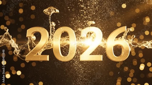 Golden 2026 New Year Celebration with Bubbles and Confetti Animation