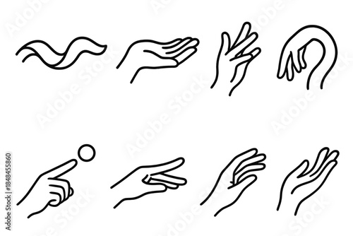 Dynamic Gesture Icons. Imaginative Gesture Set linear set: ribbon-like wave, hovering palm, storytelling fingers, curved knuckle arc, floating point, balanced wrist tilt, sweeping