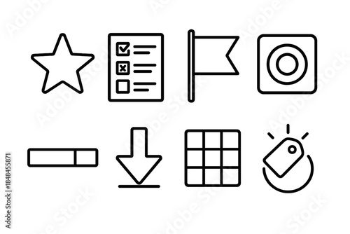 Task Management Icons. Task Attention Cues linear set: priority star, checklist highlight, task flag, focus block, progress bar, attention arrow, structured grid, spotlight tag.