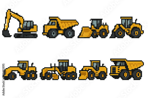 Heavy Vehicles Icons. Mining and construction heavy vehicles set set of icons in flat pixel vector style: excavator, dump truck, bulldozer, wheel loader, articulated hauler, grader