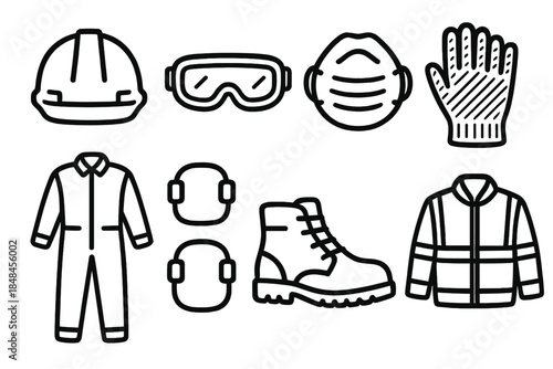 Safety Gear Icons. Safety Apparel Set linear set: hard hat, goggles, dust mask, cut-resistant gloves, coverall suit, elbow guards, steel-toe boots, high-vis jacket.