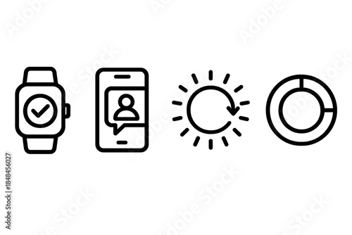 Digital Wellness Icons. Tech-Enabled Wellness Frameworks linear set: habit monitor ring, digital coach prompt, progress halo.