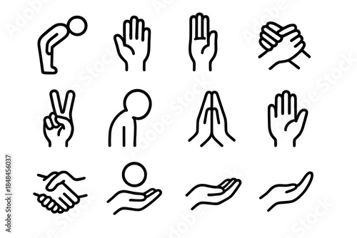Black Line Gesture Icons. International Gesture Icons linear set: courteous bow, gentle wave, symbolic hand raise, shared-hand link, peaceful gesture, respectful nod curve,