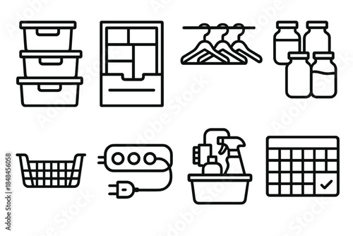 Household Organization Icons. Household Organization Essentials linear set: labeled storage bins, drawer dividers, closet hanger set, pantry jars, shelf basket, cable organizer,