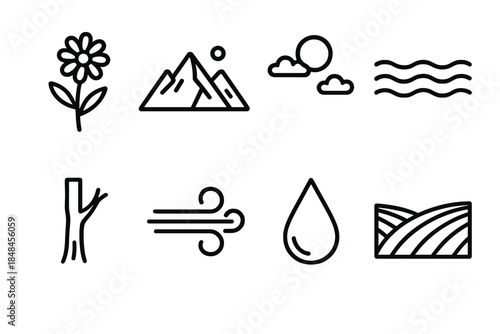 Nature Icons Collection. Earth environment collection linear set: prairie flower, mountain ridge, clear sky, tidal ripple, woodland trunk, wind current icon, dew drop, fertile