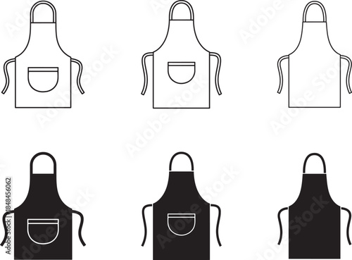 Collection of six apron designs in line art and silhouette style illustrations