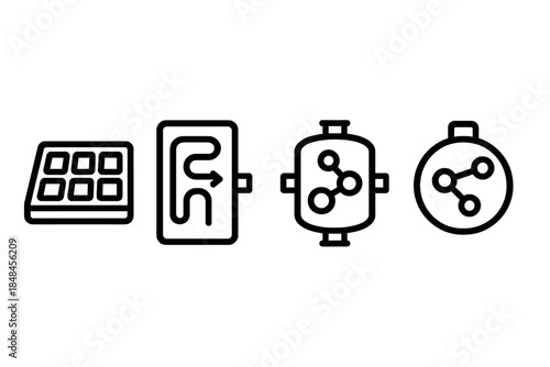 Biotech Process Icons. Regenerative Production Modules linear set: tissue-culture slab, perfusion channel, biosynthesis core.