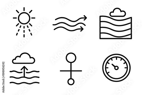 Atmospheric Energy Icons. Sky-Energy Interaction Set linear set: irradiance plume, wind shear marker, layered atmosphere panel, heat exchange arrow, high-altitude node, energy