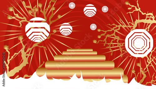 Chinese New Year Background with Gold Stairs and Blossoms  
