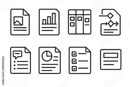 Project Documentation Icons. Project Documentation linear set: project brief, milestone chart, task cards, workflow arrows, meeting notes, progress sheet, requirements page,