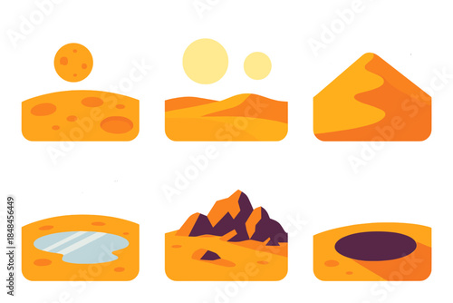 Multi-Moon Surface Icons. Multi-Moon Surface Scenarios flat set: cratered plain, twin moon horizon, layered regolith mound, reflective ice patch, rocky ridge, shadowed crater rim.